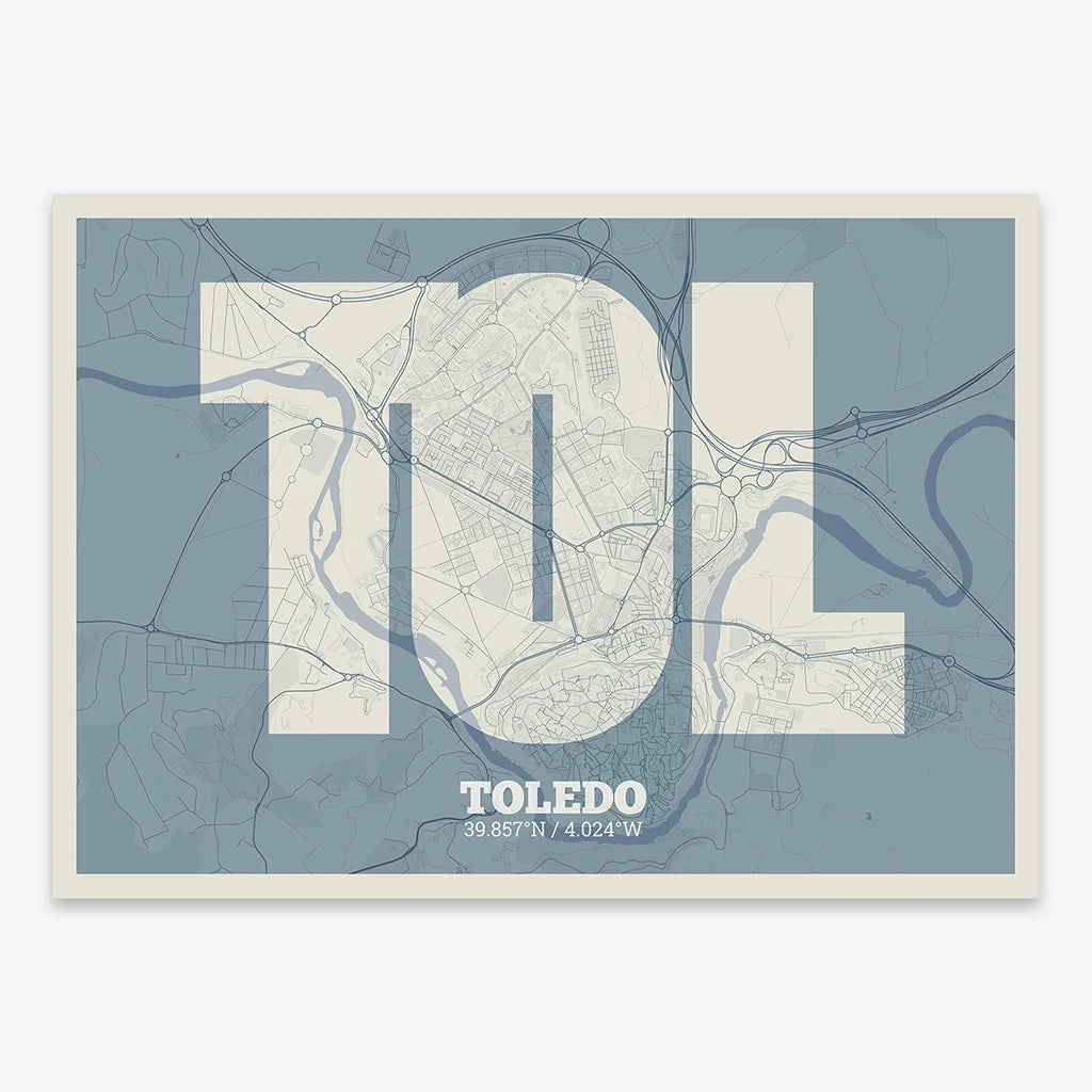 Decorative print of Toledo composed with letters in a heavy geometric font printed on bluish gray and an off-white background