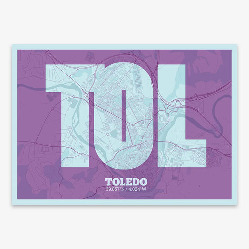 Mapa de Toledo en mi diseño la Súper Bold, un póster tipográfico donde el mapa de la ciudad se fusiona con una tipografía extra gruesa para un impacto visual moderno diseñado en púrpura y azul claro