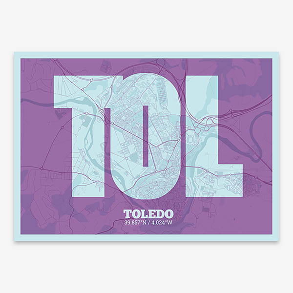 Decorative print of Toledo composed with letters in a heavy geometric font printed on purple and light blue