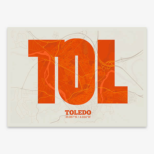 Decorative print of Toledo composed with letters in a heavy geometric font printed on orange and an off-white background