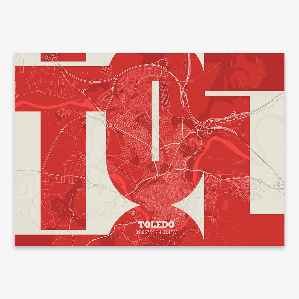 Poster of Toledo composed with letters from its abbreviation or its airport IATA code printed on red and an off-white background