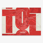 Poster of Toledo composed with letters from its abbreviation or its airport IATA code printed on red and an off-white background