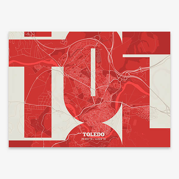 Poster of Toledo composed with letters from its abbreviation or its airport IATA code printed on red and an off-white background
