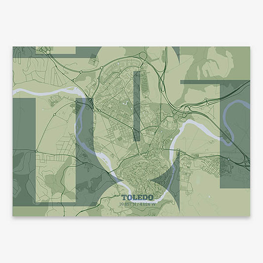 Poster of Toledo composed with letters from its abbreviation or its airport IATA code printed on two green tones