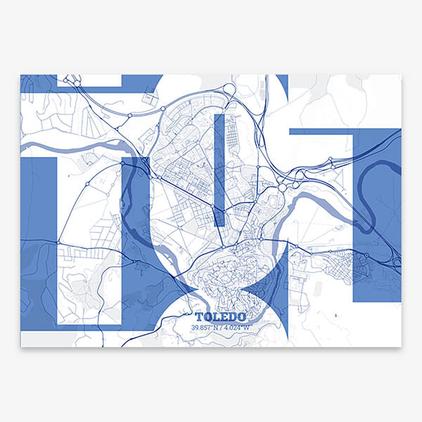 Poster of Toledo composed with letters from its abbreviation or its airport IATA code printed on navy blue and white