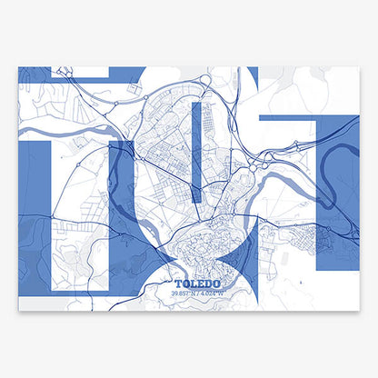 Poster of Toledo composed with letters from its abbreviation or its airport IATA code printed on navy blue and white