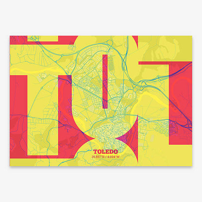 Poster of Toledo composed with letters from its abbreviation or its airport IATA code printed on yellow and fuchsia