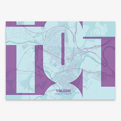 Poster of Toledo composed with letters from its abbreviation or its airport IATA code printed on purple and light blue