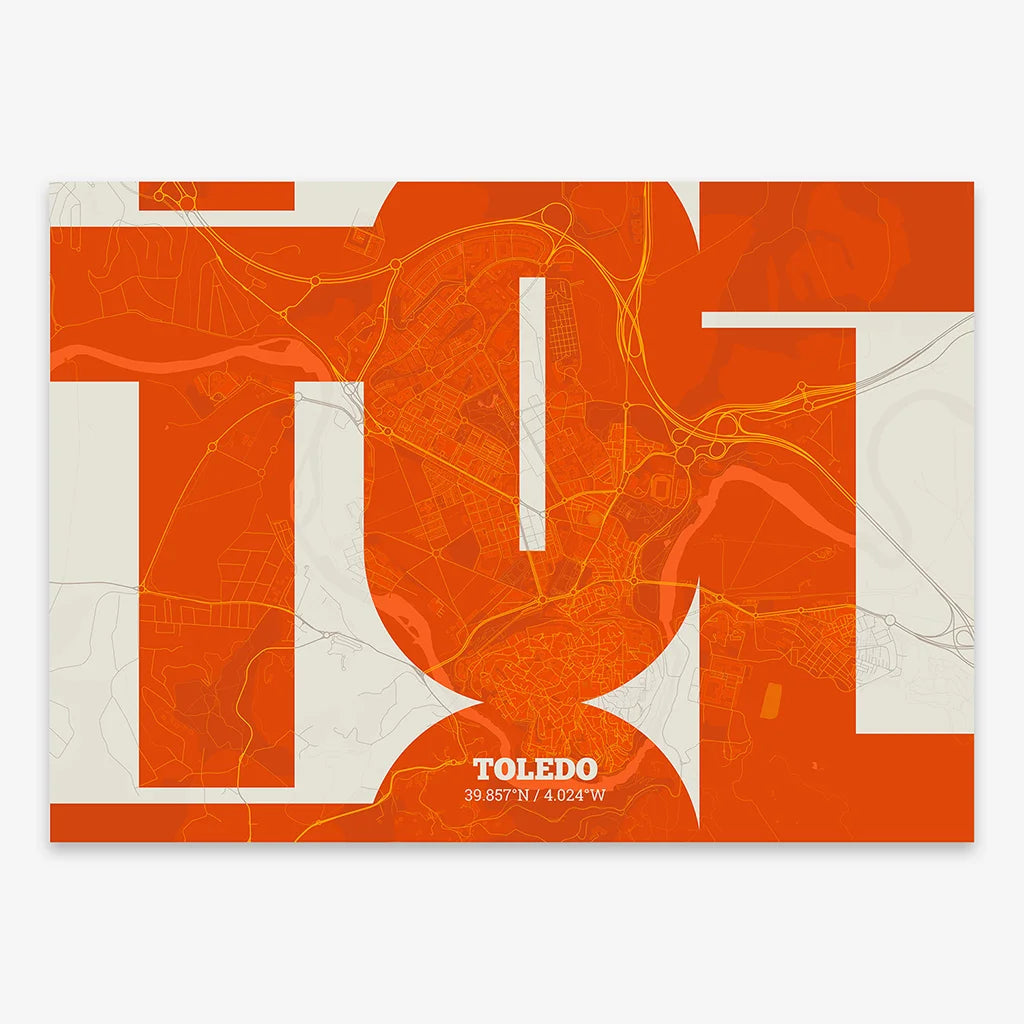 Poster of Toledo composed with letters from its abbreviation or its airport IATA code printed on orange and an off-white background