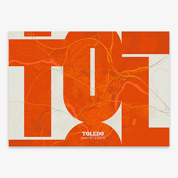 Poster of Toledo composed with letters from its abbreviation or its airport IATA code printed on orange and an off-white background