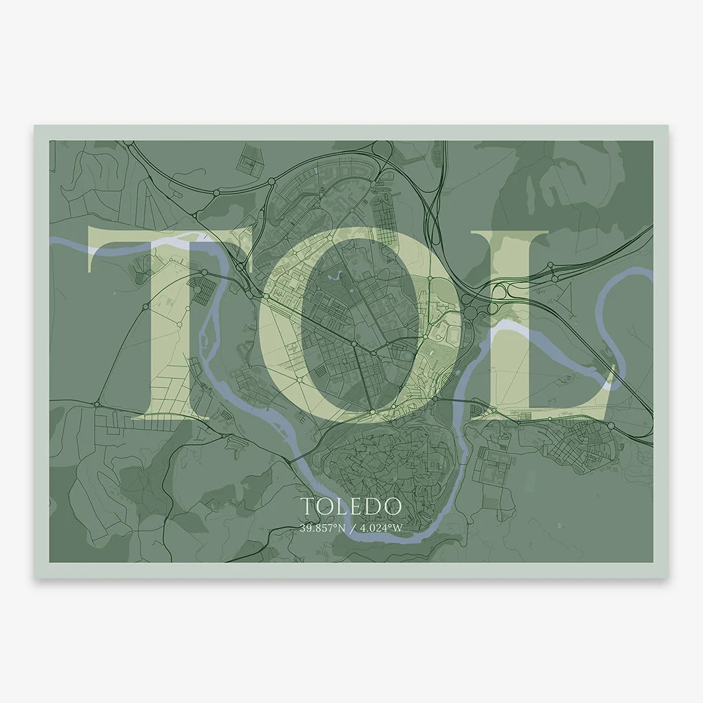 Decorative map of Toledo composed with letters in serif font printed on two green tones
