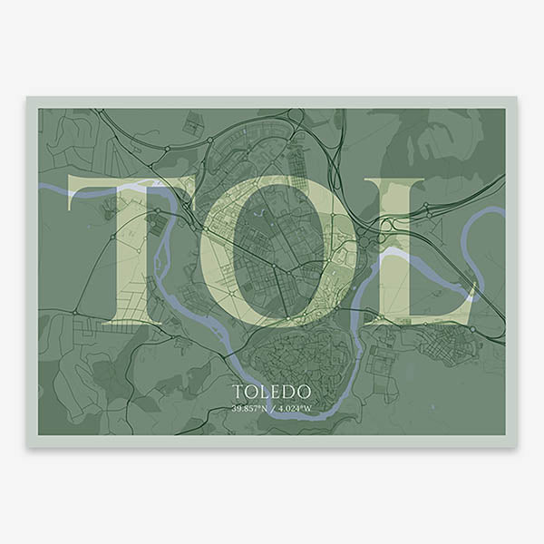 Decorative map of Toledo composed with letters in serif font printed on two green tones