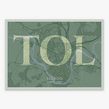 Decorative map of Toledo composed with letters in serif font printed on two green tones