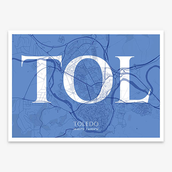 Decorative map of Toledo composed with letters in serif font printed on navy blue and white