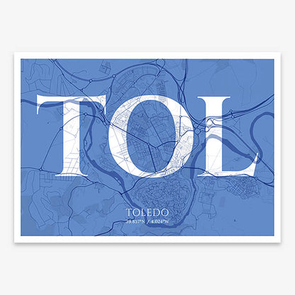 Decorative map of Toledo composed with letters in serif font printed on navy blue and white