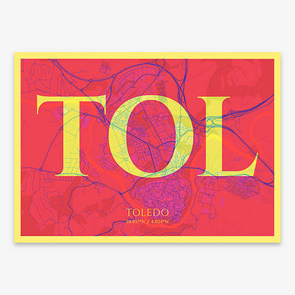 Decorative map of Toledo composed with letters in serif font printed on yellow and fuchsia
