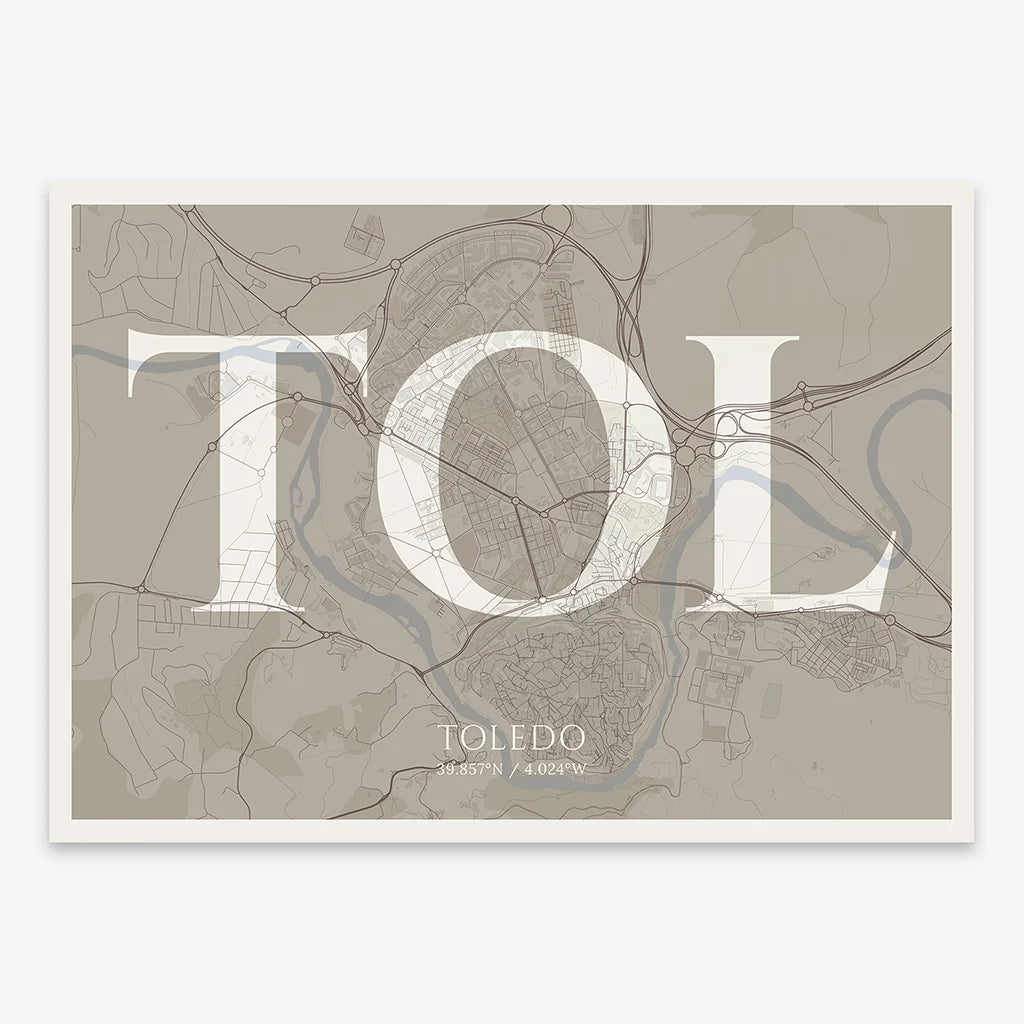 Decorative map of Toledo composed with letters in serif font printed on light brown and an off-white background