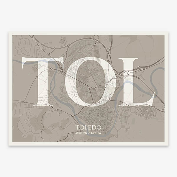 Decorative map of Toledo composed with letters in serif font printed on light brown and an off-white background