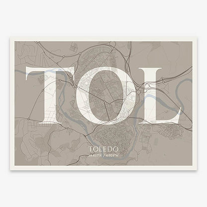 Decorative map of Toledo composed with letters in serif font printed on light brown and an off-white background