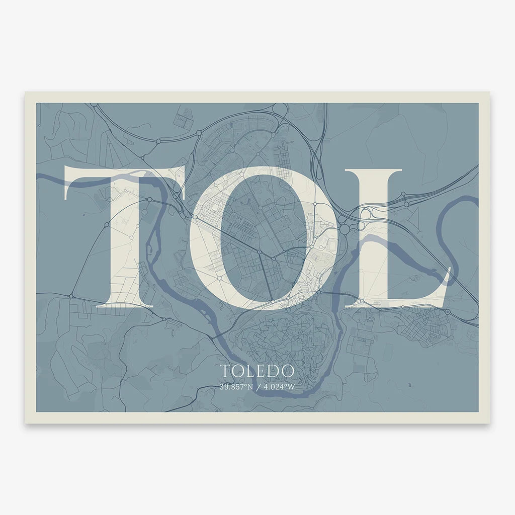 Decorative map of Toledo composed with letters in serif font printed on bluish gray and an off-white background