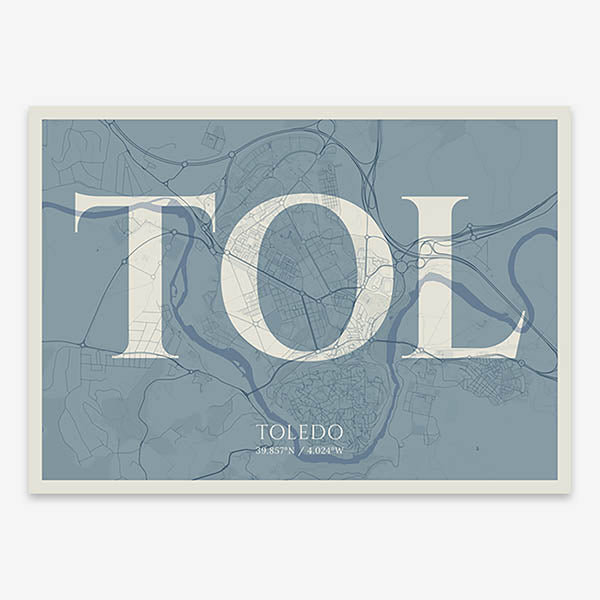 Decorative map of Toledo composed with letters in serif font printed on bluish gray and an off-white background