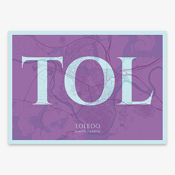 Decorative map of Toledo composed with letters in serif font printed on purple and light blue