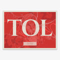The map of Toledo in Classic design, inspired by chiseled typography with an elegant font that creates a beautiful visual contrast designed in red and an off-white background