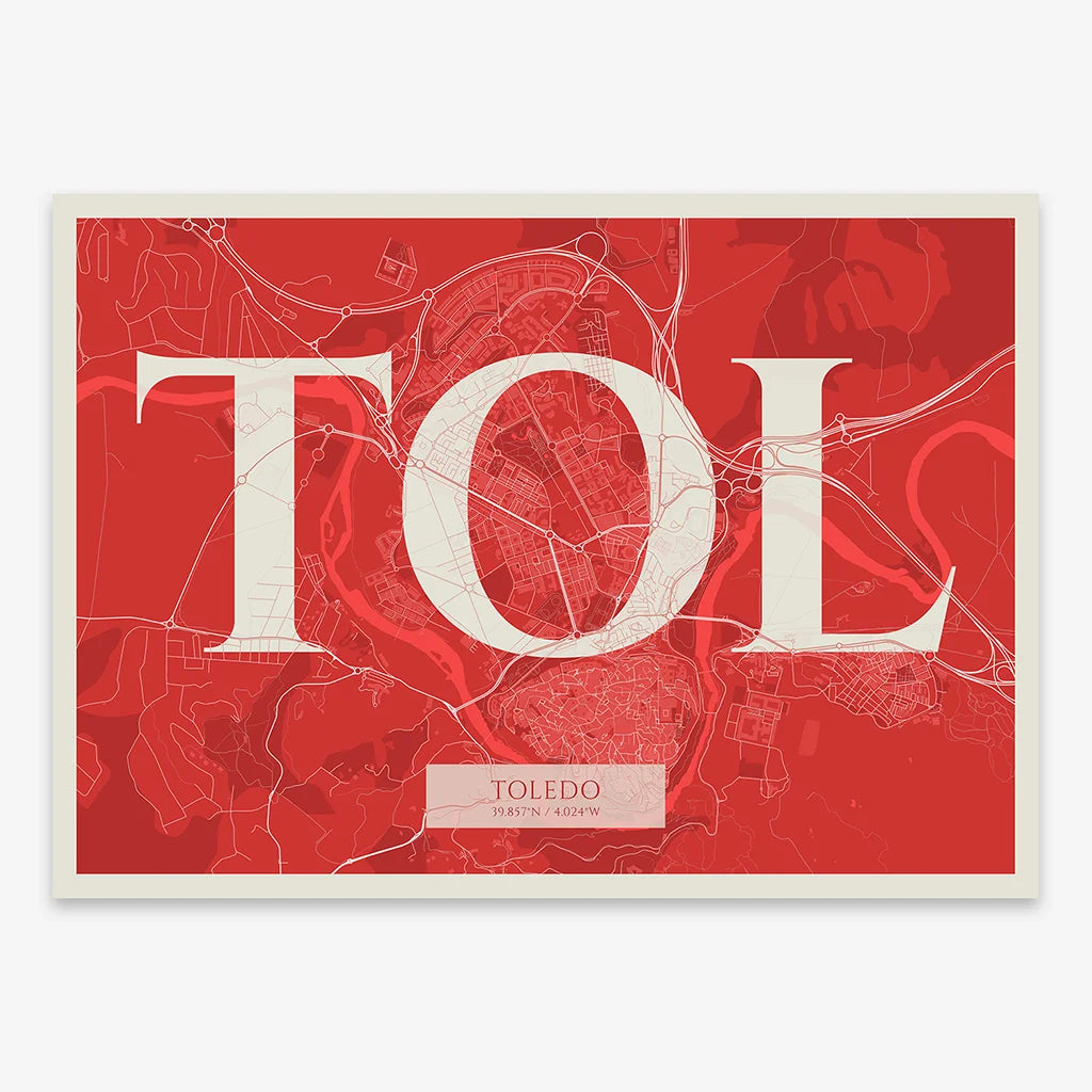 Decorative map of Toledo composed with letters in serif font printed on red and an off-white background