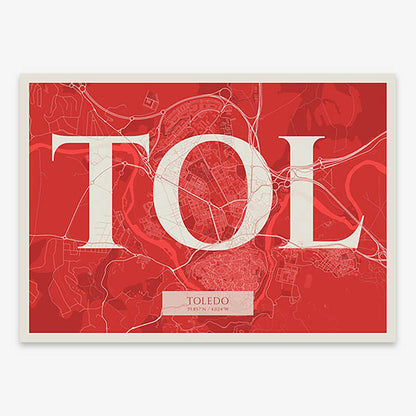 Decorative map of Toledo composed with letters in serif font printed on red and an off-white background