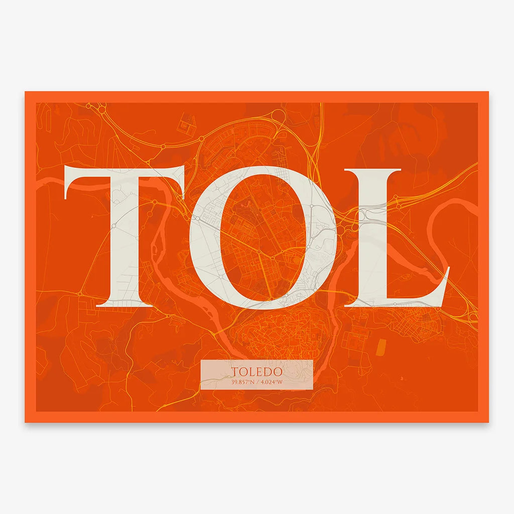 Decorative map of Toledo composed with letters in serif font printed on orange and an off-white background