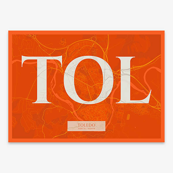 Decorative map of Toledo composed with letters in serif font printed on orange and an off-white background