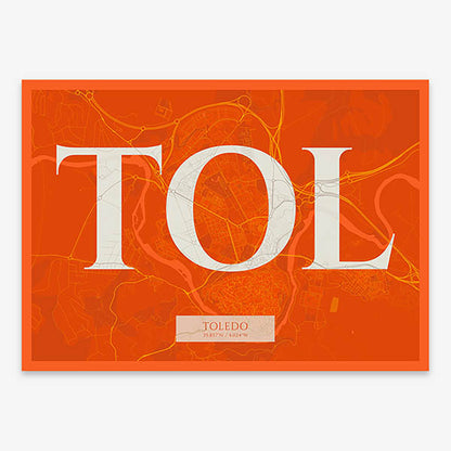 Decorative map of Toledo composed with letters in serif font printed on orange and an off-white background