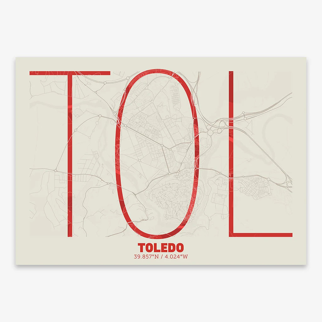 Poster of Toledo composed with letters in extra light font printed on red and an off-white background