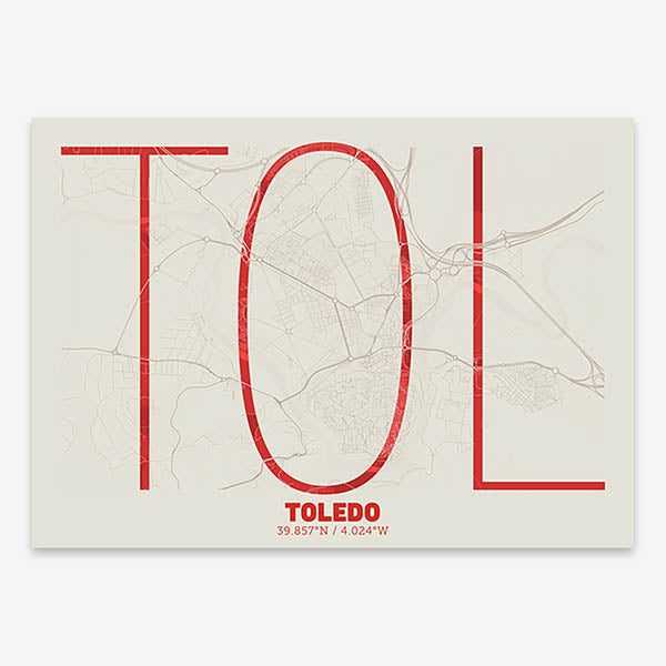Poster of Toledo composed with letters in extra light font printed on red and an off-white background