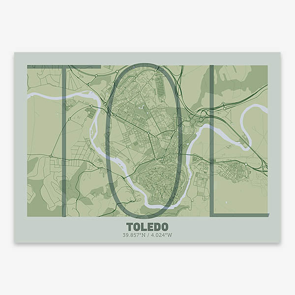 Poster of Toledo composed with letters in extra light font printed on two green tones