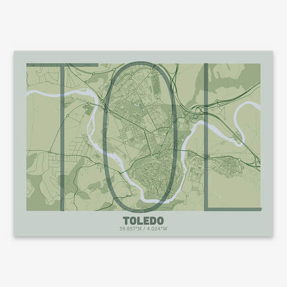 Poster of Toledo composed with letters in extra light font printed on two green tones