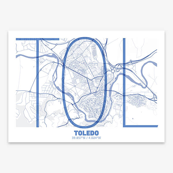 Poster of Toledo composed with letters in extra light font printed on navy blue and white