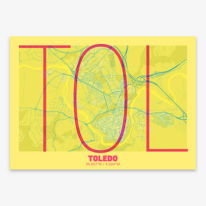 Poster of Toledo composed with letters in extra light font printed on yellow and fuchsia