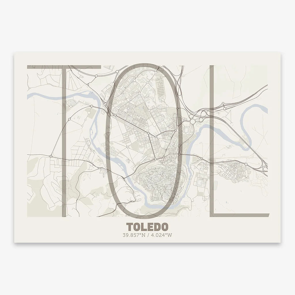 Poster of Toledo composed with letters in extra light font printed on light brown and an off-white background