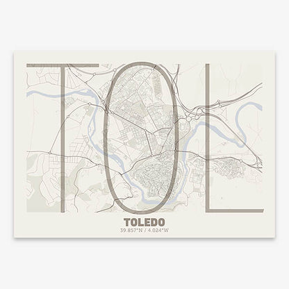 Poster of Toledo composed with letters in extra light font printed on light brown and an off-white background