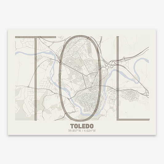 Poster of Toledo composed with letters in extra light font printed on light brown and an off-white background