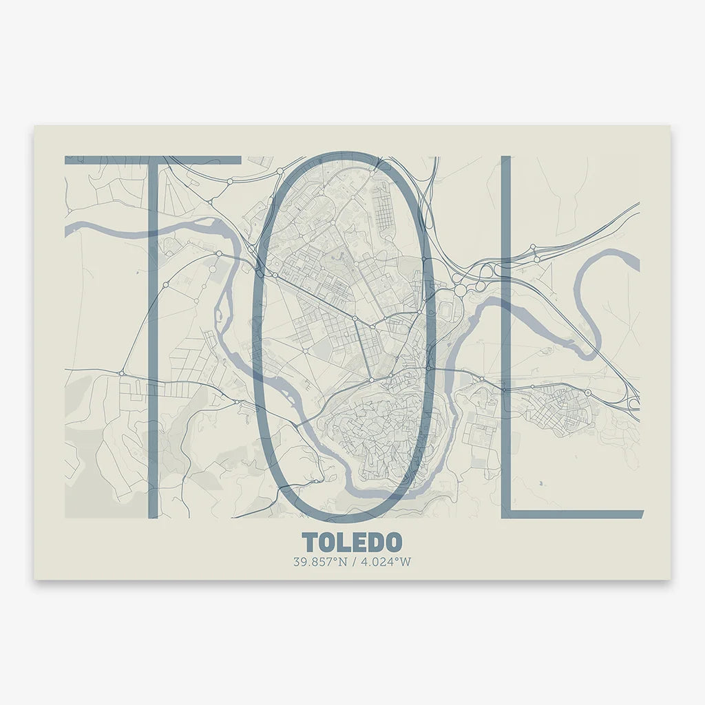 Poster of Toledo composed with letters in extra light font printed on bluish gray and an off-white background