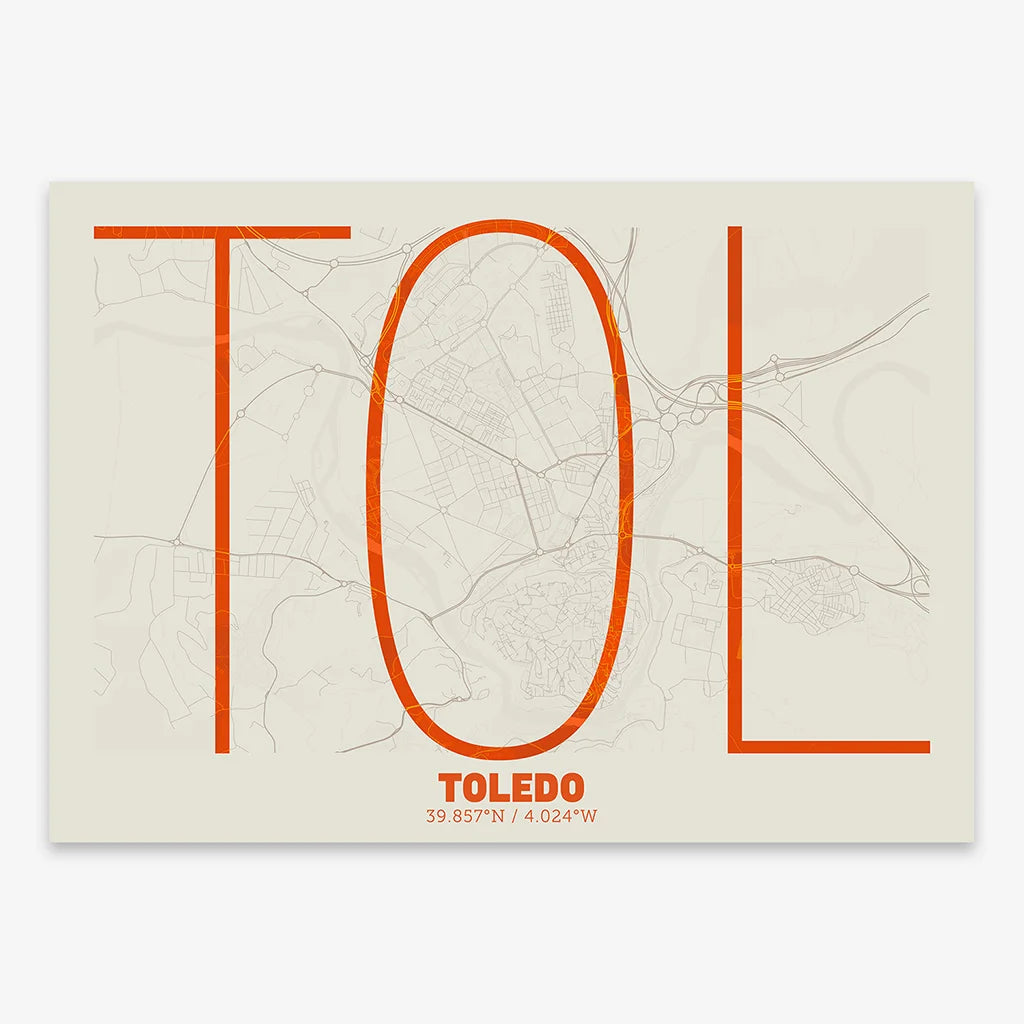 Poster of Toledo composed with letters in extra light font printed on orange and an off-white background