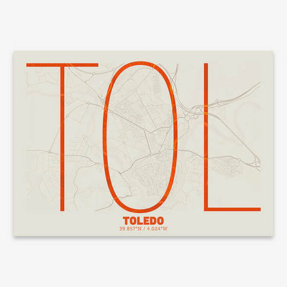 Poster of Toledo composed with letters in extra light font printed on orange and an off-white background
