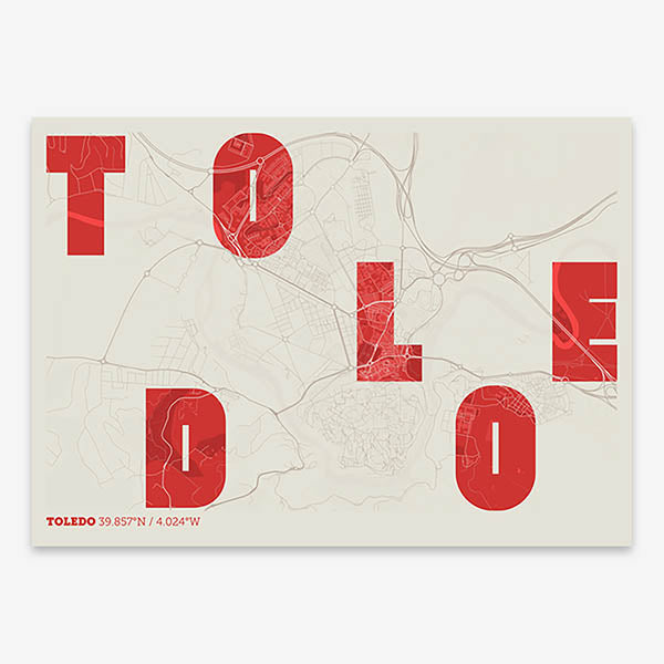 Decorative print of Toledo with letters of its name placed randomly, designed in red and an off-white background