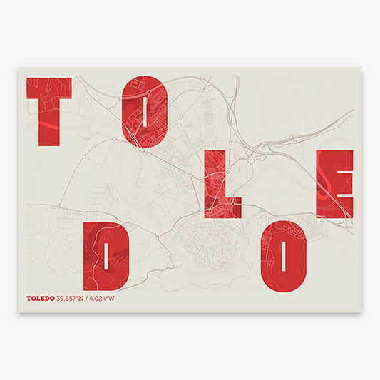 Decorative print of Toledo with letters of its name placed randomly, designed in red and an off-white background