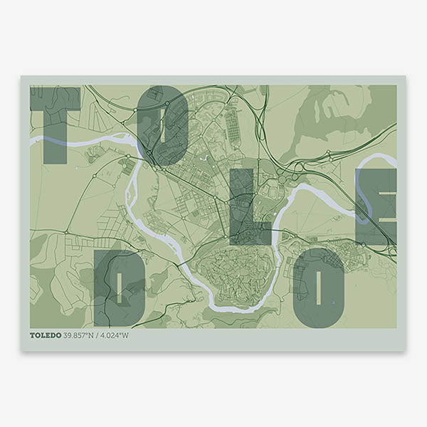 Decorative print of Toledo with letters of its name placed randomly, designed in two green tones