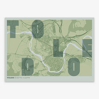 Decorative print of Toledo with letters of its name placed randomly, designed in two green tones