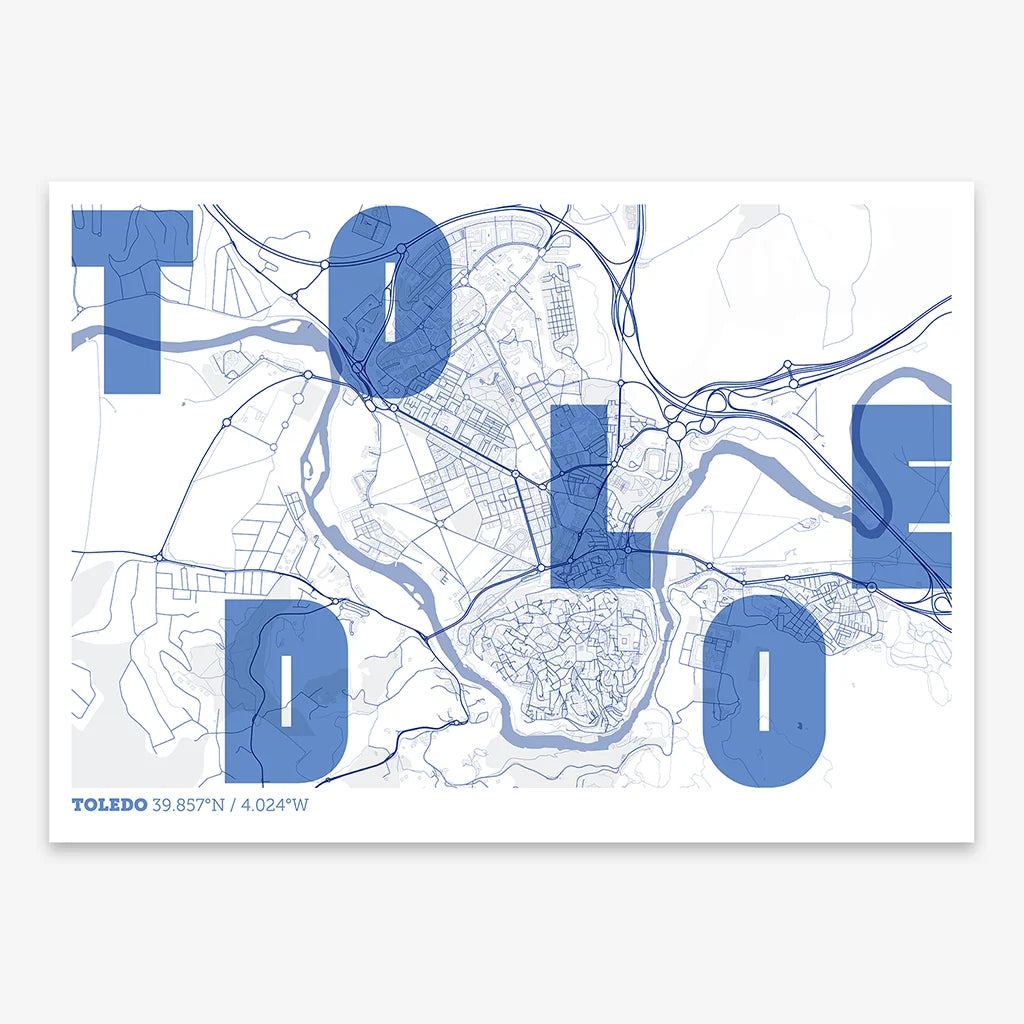 Decorative print of Toledo with letters of its name placed randomly, designed in navy blue and white