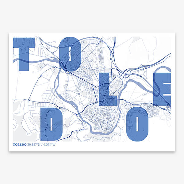 Decorative print of Toledo with letters of its name placed randomly, designed in navy blue and white